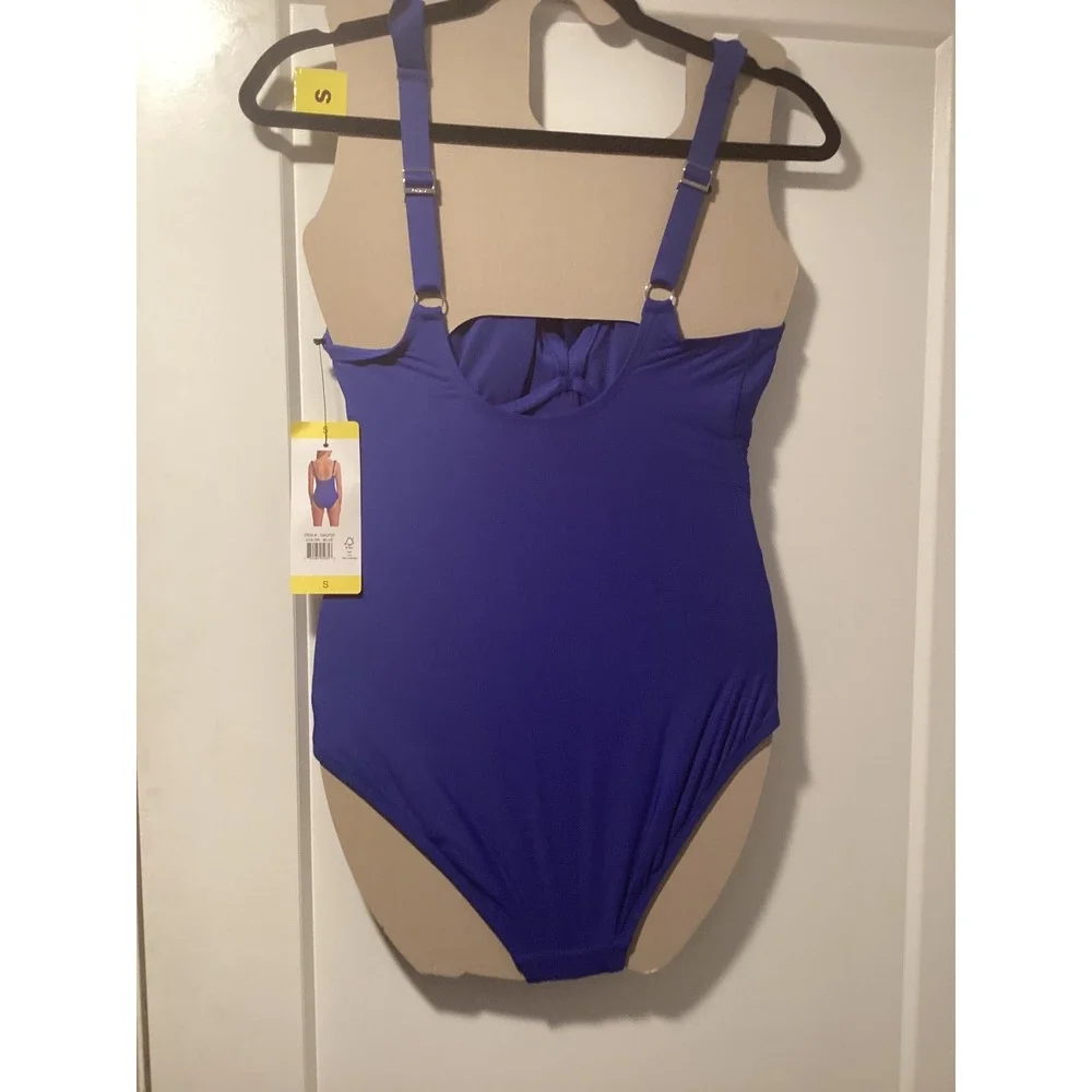 DKNY Womens Ruffle V-Neck Ruched One Piece Swimsuit Blue S 1943727 - Picture 2 of 6